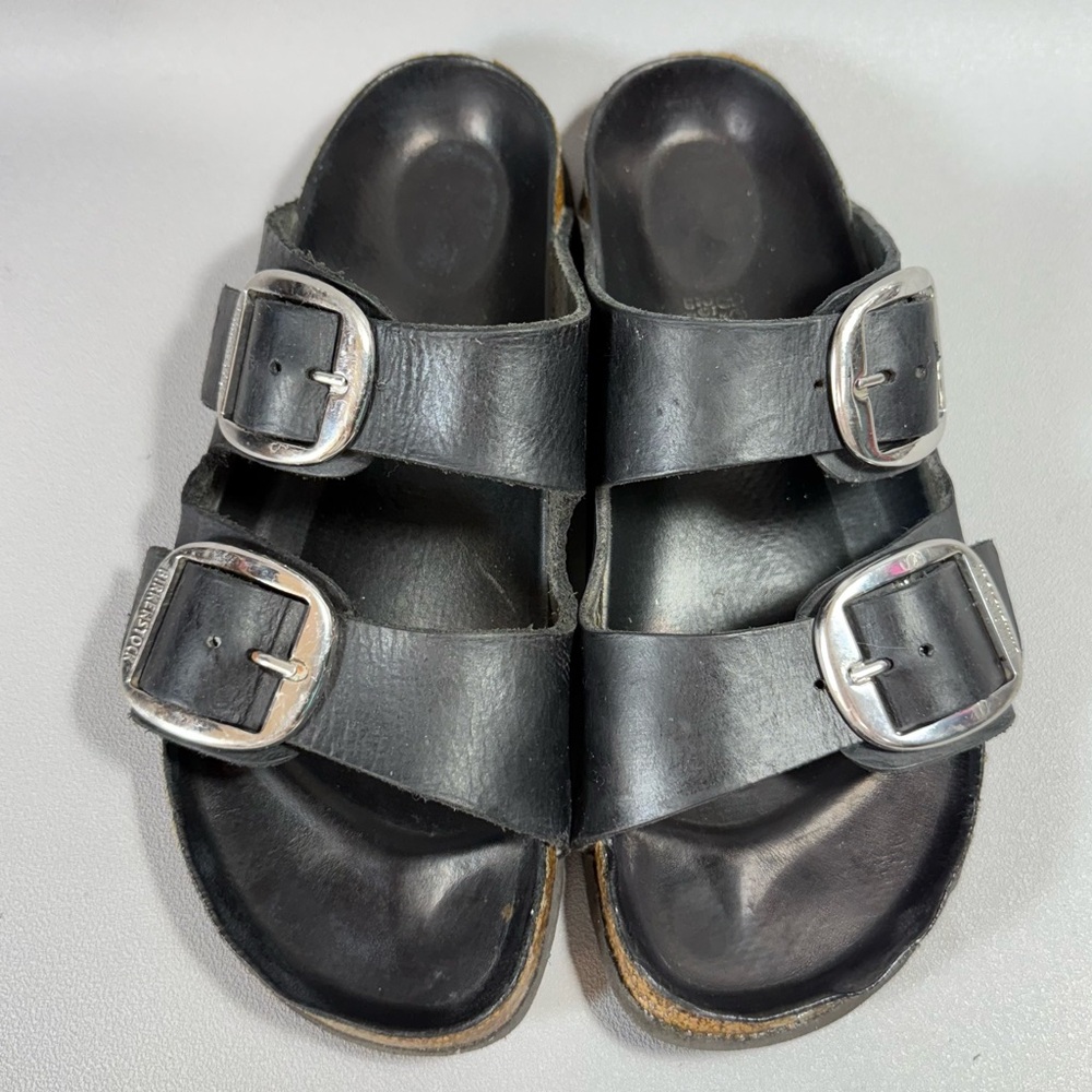Birkenstock Arizona Black Leather Big Buckle Slide Sandals - Picture 5 of 14